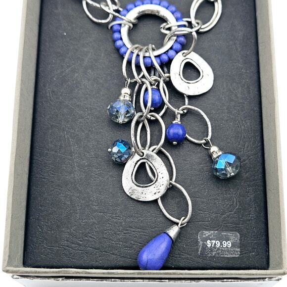 Cry Drop Dangle Statement Chain Necklace Blue Beaded Multi Artsy Silver Tone - Picture 3 of 4